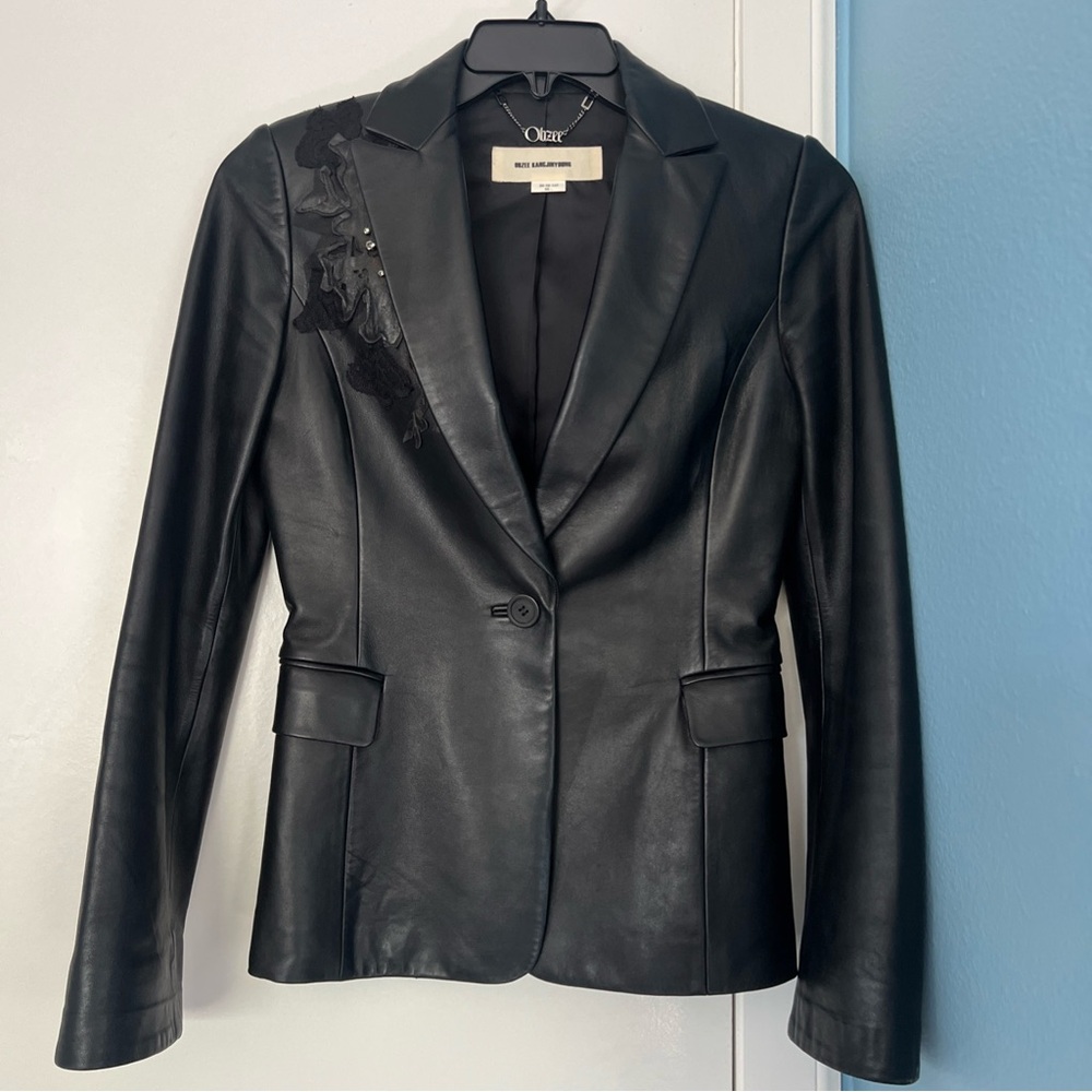 VTG Black Leather Jacket Tailored embellishment appliqué rhinestones designer